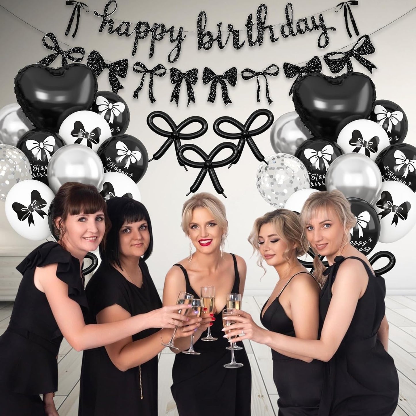 Skiennix Black Bow Birthday Decorations - Coquette Party Set with Happy Birthday Banner & Heart Foil Balloons