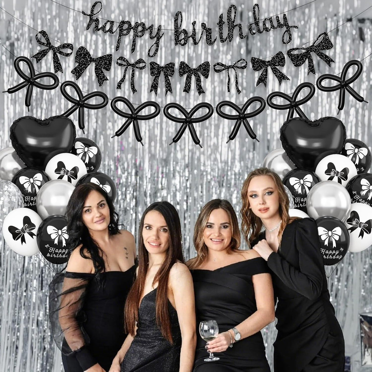 Skiennix Black Bow Birthday Decorations - Coquette Party Set with Happy Birthday Banner & Heart Foil Balloons