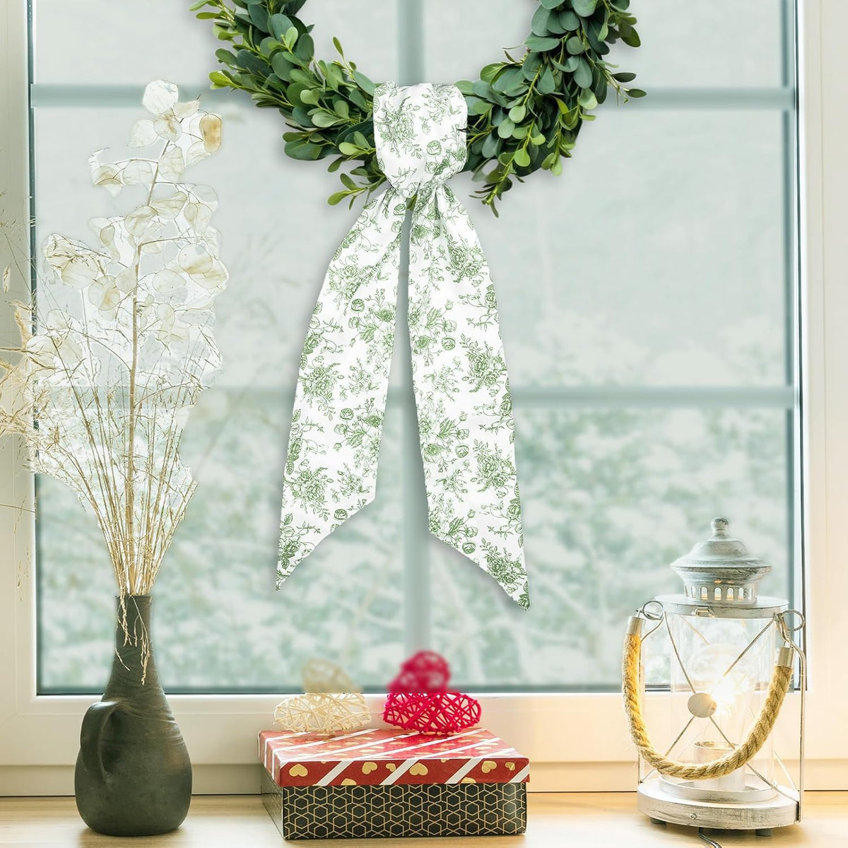 Whaline Green Flower Wreath Sash - Chinoiserie Floral Garland Ribbon for Holiday Decor | 2 Pcs