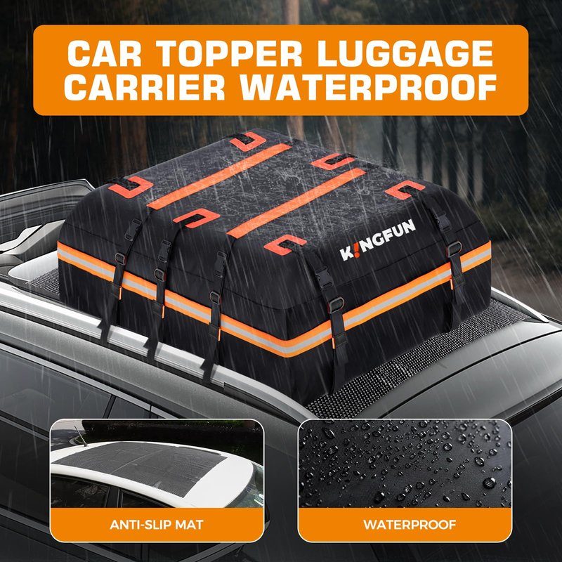 Kingfun Car Rooftop Cargo Carrier Bag, Waterproof 20 Cubic Feet Car Roof Luggage Carrier for All Vechicles with/Without Racks, Includes Anti-Slip Mat, 8 Reinforced Straps, 6 Door Hooks, Luggage Locks