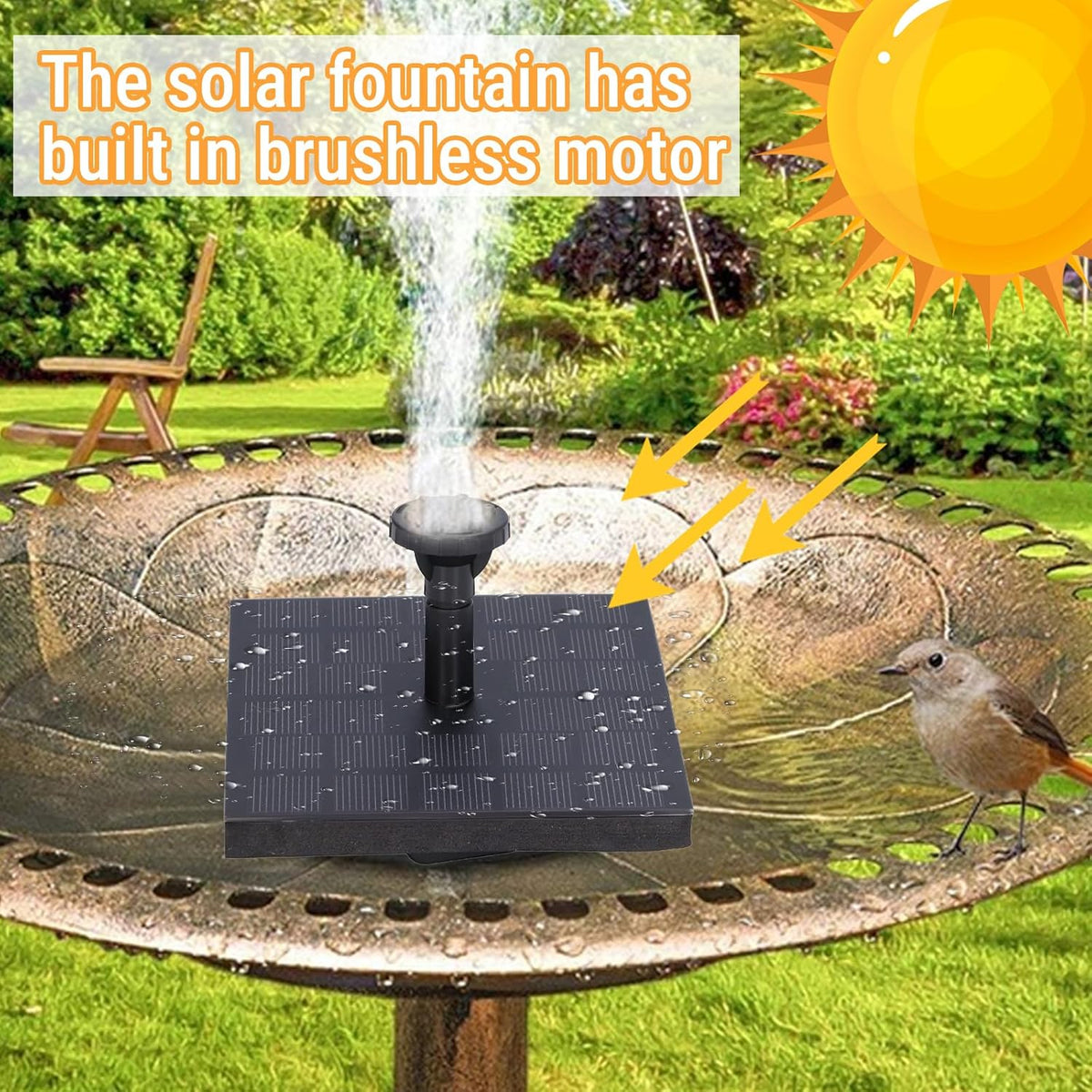 Skiennix Solar Bird Bath Fountain - 6 Nozzle Monocrystalline Pump for Outdoor Garden & Pond