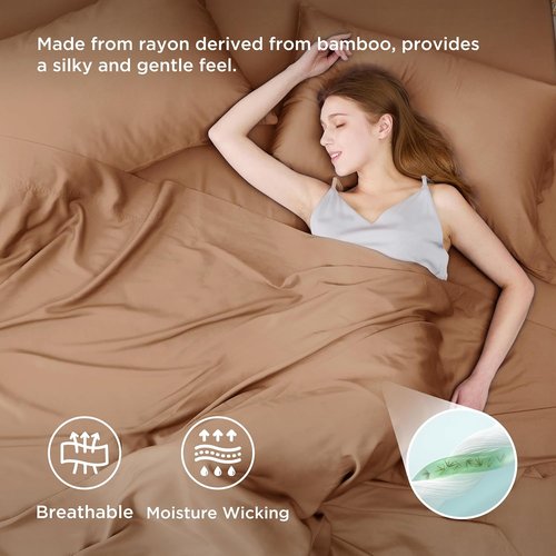 Bedsure Cooling California King Sheet Set - Breathable Rayon from Bamboo, Soft & Silky, Khaki