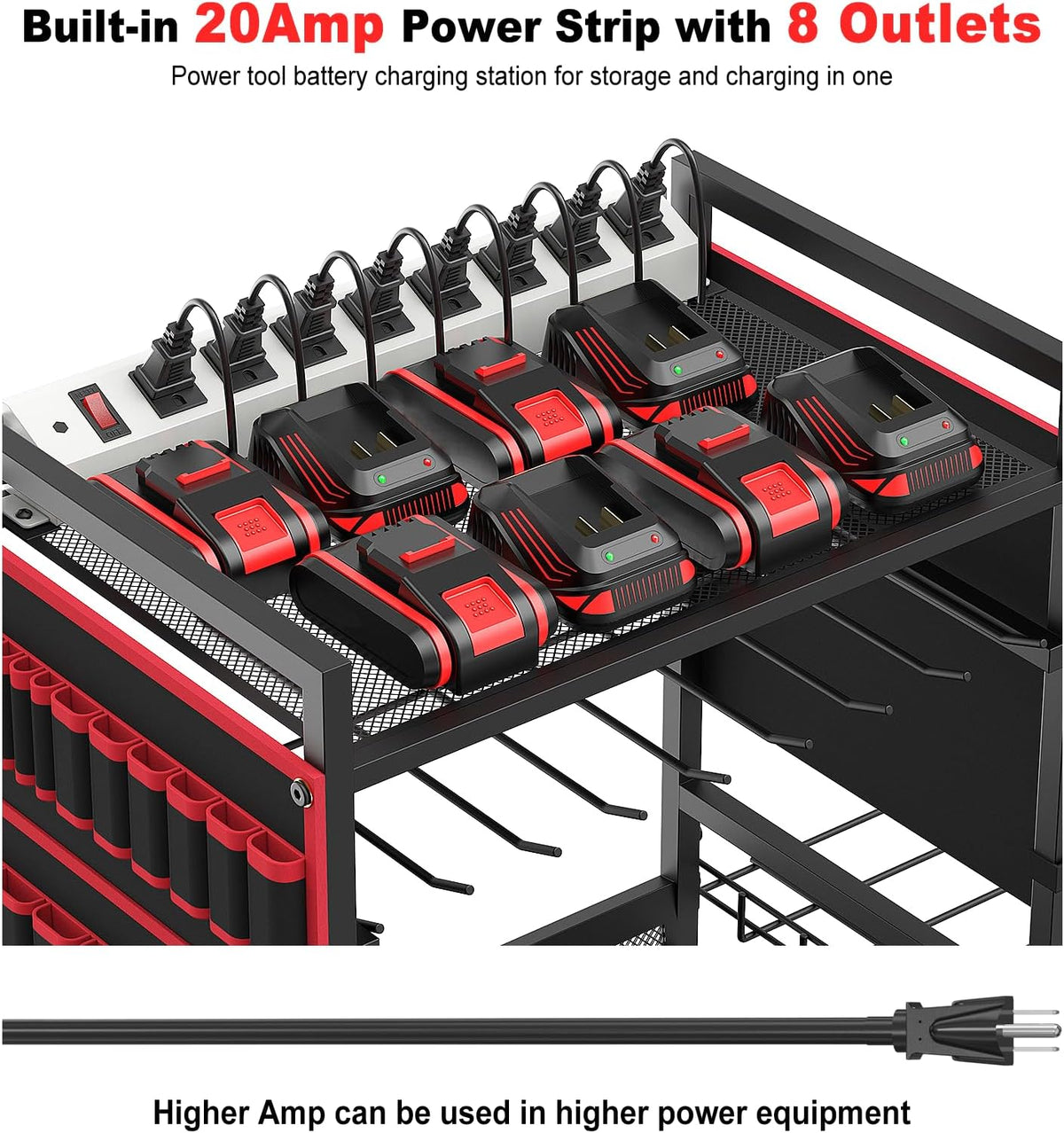 JUNNUJ Power Tool Organizer Cart - Heavy Duty Rolling Storage Rack with 20A Charging Station | Red