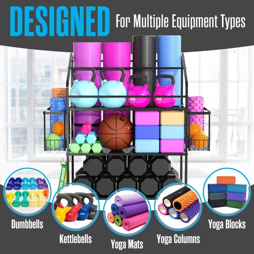 Houseables Workout Equipment Storage, Exercise Equipment Storage, Home Gym Organizer, Weight Rack for Home Gym, Kettlebell Rack, Weight Dumbbell Holder Cart, Yoga Organization Shelf, Rolling, 3 Tier