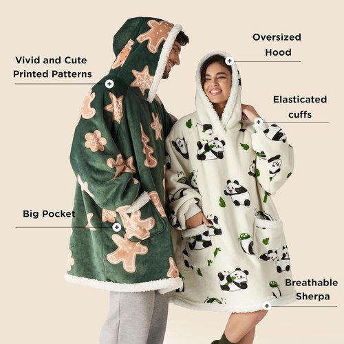 Bedsure Wearable Blanket Hoodie - Cozy Sherpa Design for Adults & Kids | Gingerbread & Olive Green