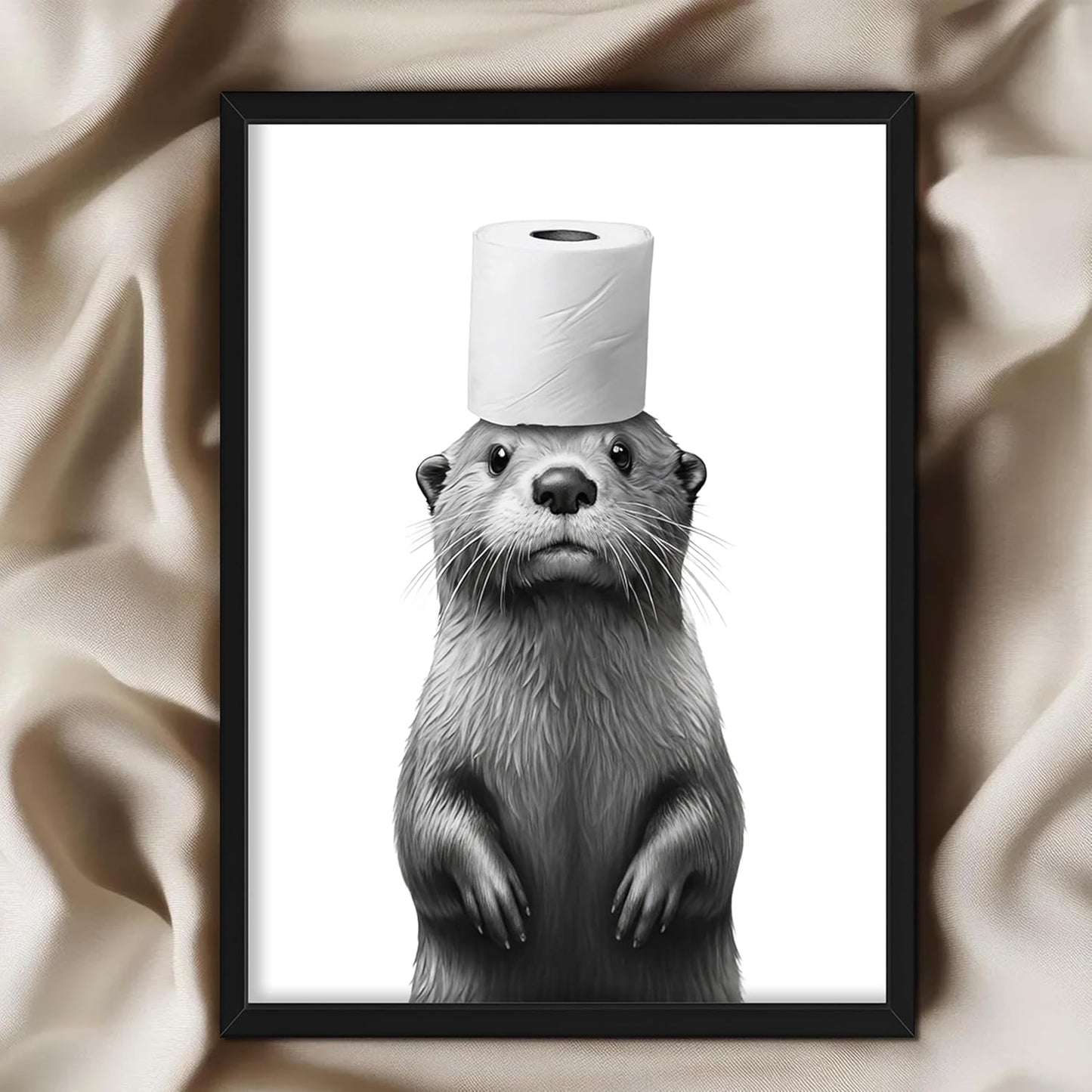Skiennix Funny Bathroom Wall Art - Cute Otter Holding Toilet Paper | Black & White Canvas Print 8x10 Inch