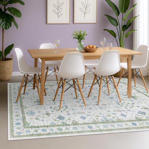 Hazo Haus Cream Oushak 6x9 Area Rug - Boho Floral Design in Cool Blue & Green, Washable Non-Slip