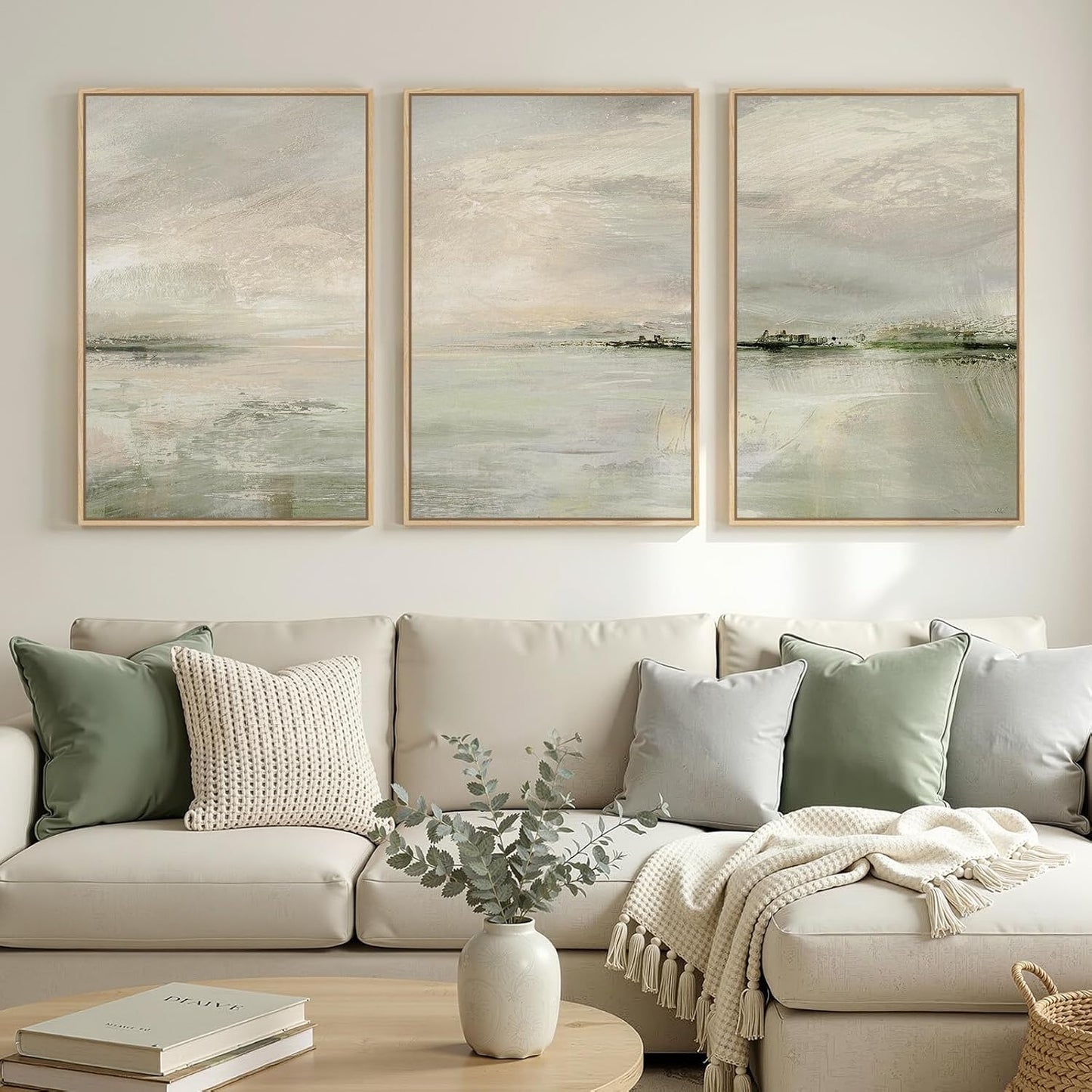 Skiennix Large Framed Sage Green Abstract Landscape Wall Art - 3 Piece Modern Canvas Prints | 24x36 In for Living Room, Office & More