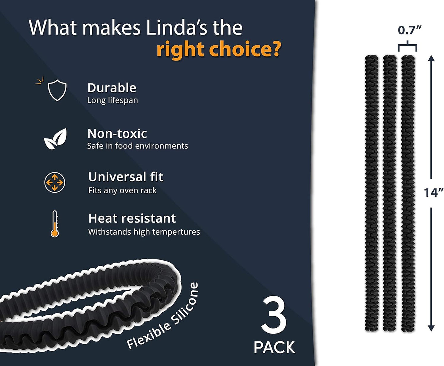 Linda’s Essentials Silicone Oven Guards - Heat-Resistant Rack Protectors | 3 Pack, 14 Inches Long (Black)