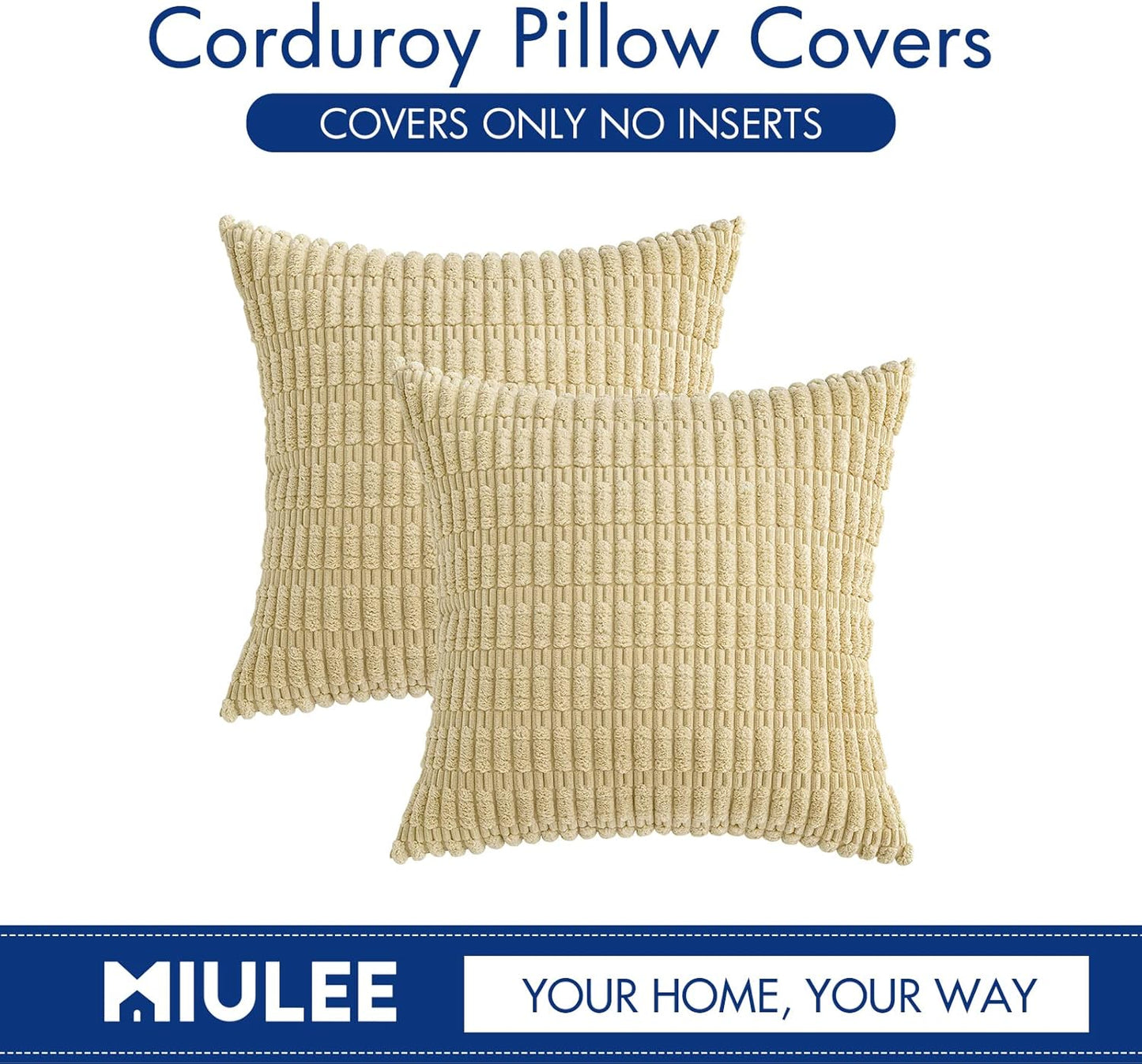 MIULEE Euro Sham Pillow Covers - Soft Corduroy Boho Striped Design | 24x24 Inch Beige for Modern Home Decor
