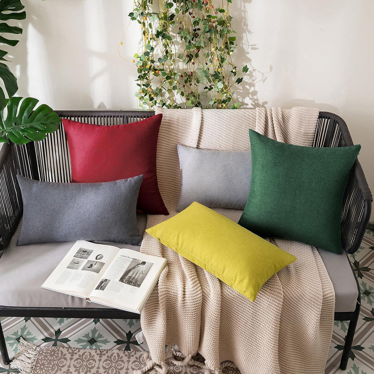 MIULEE Decorative Outdoor Throw Pillow Covers - Waterproof Faux Linen Cushion Cases | 20x12 Inch Emerald Green (Pack of 2)