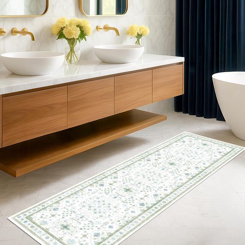 Hazo Haus Washable Oushak Bathroom Runner Rug - Vintage Turkish Floral Design | 2x8 ft Low Pile Non-Slip in Cream, Blue, and Green