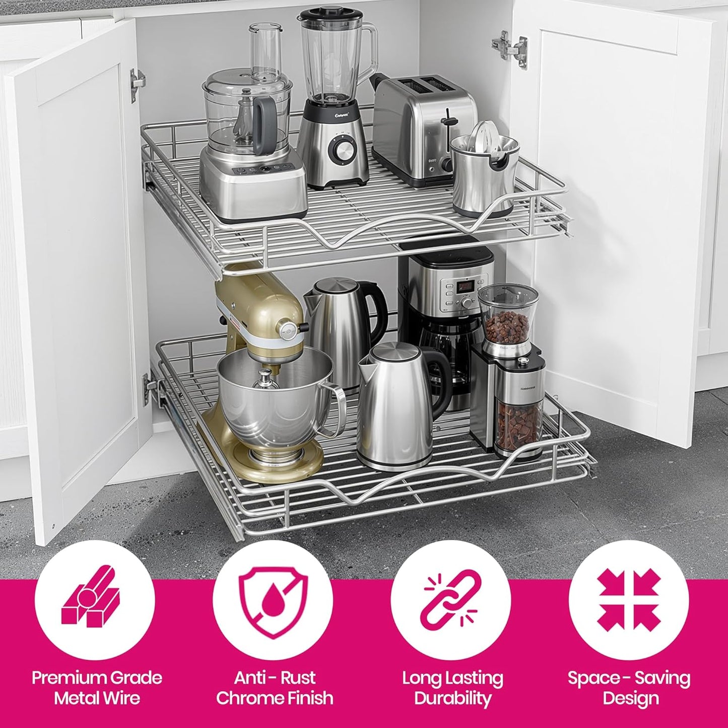 2-Tier Cabinet Organizer by [Brand Name] - Heavy-Duty Steel Frame with Full-Extension Shelves | Easy Install for Kitchen & Pantry, 14" W x 21" D x 16.5" H