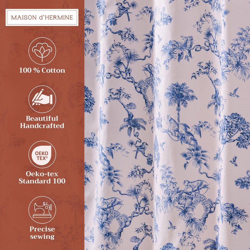 Maison d' Hermine Shower Curtain 100% Cotton One Panel 70"x72" Washable Fabric Shower Curtains for Bathroom, Easy Hanging with 12 Button Holes - Home Hotel Spa Gifts for Mothers Day (Bonobo - Blue)
