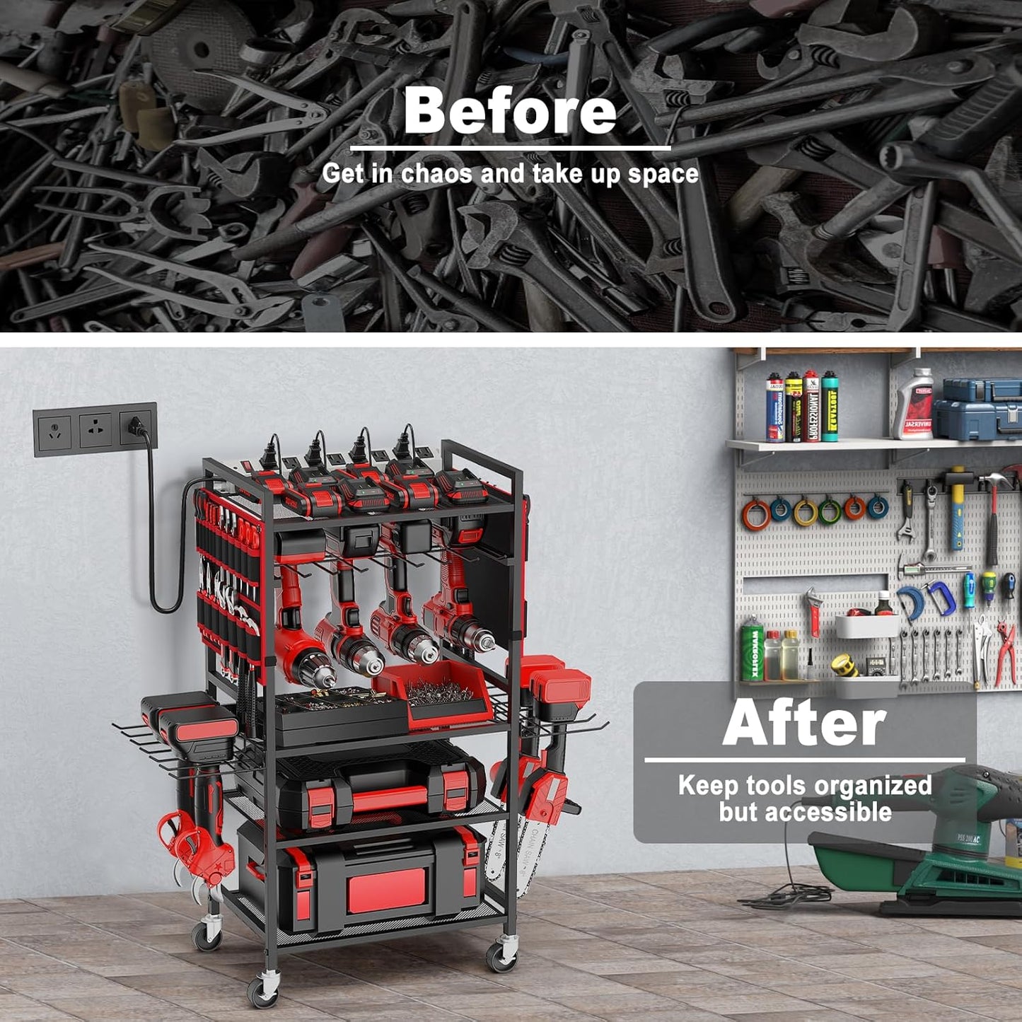 JUNNUJ Power Tool Organizer Cart - Heavy Duty Rolling Storage Rack with 20A Charging Station | Red