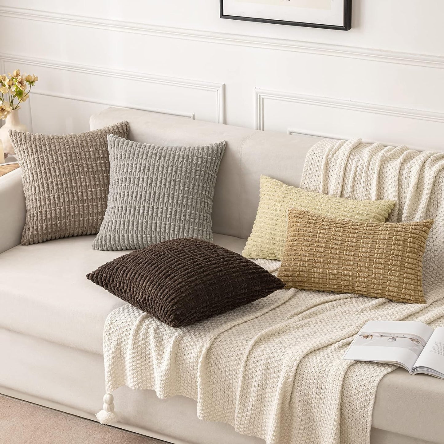 MIULEE Euro Sham Pillow Covers - Soft Corduroy Boho Striped Design | 24x24 Inch Beige for Modern Home Decor