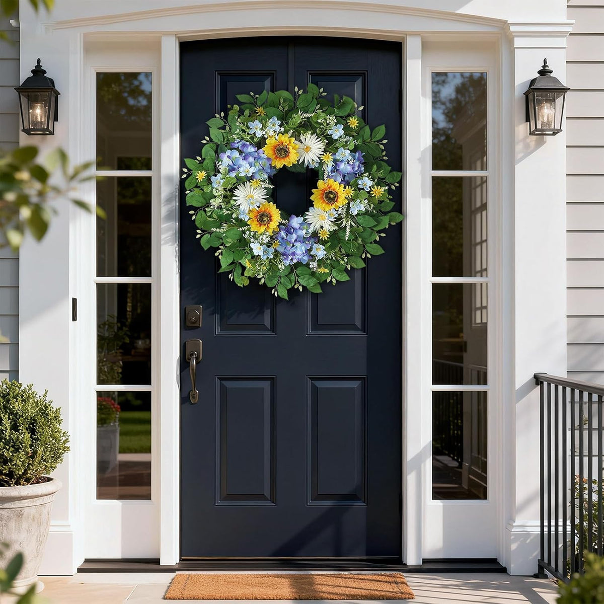 Large 26" Artificial Flower Wreath by [Brand Name] - Lifelike Sunflowers & Blue Hydrangeas for Spring/Summer Home Decor