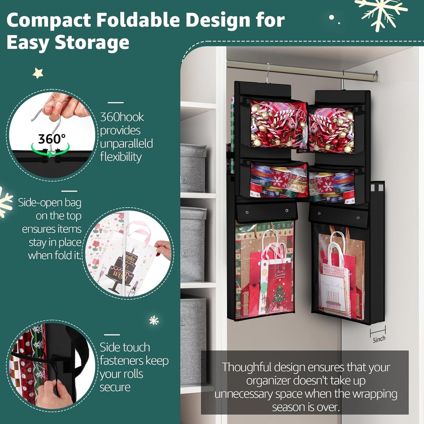 Woodoulogy Wrapping Paper Organizer - Double-Sided Gift Wrap Roll Holder | 63"x13" Over Door Storage - Black