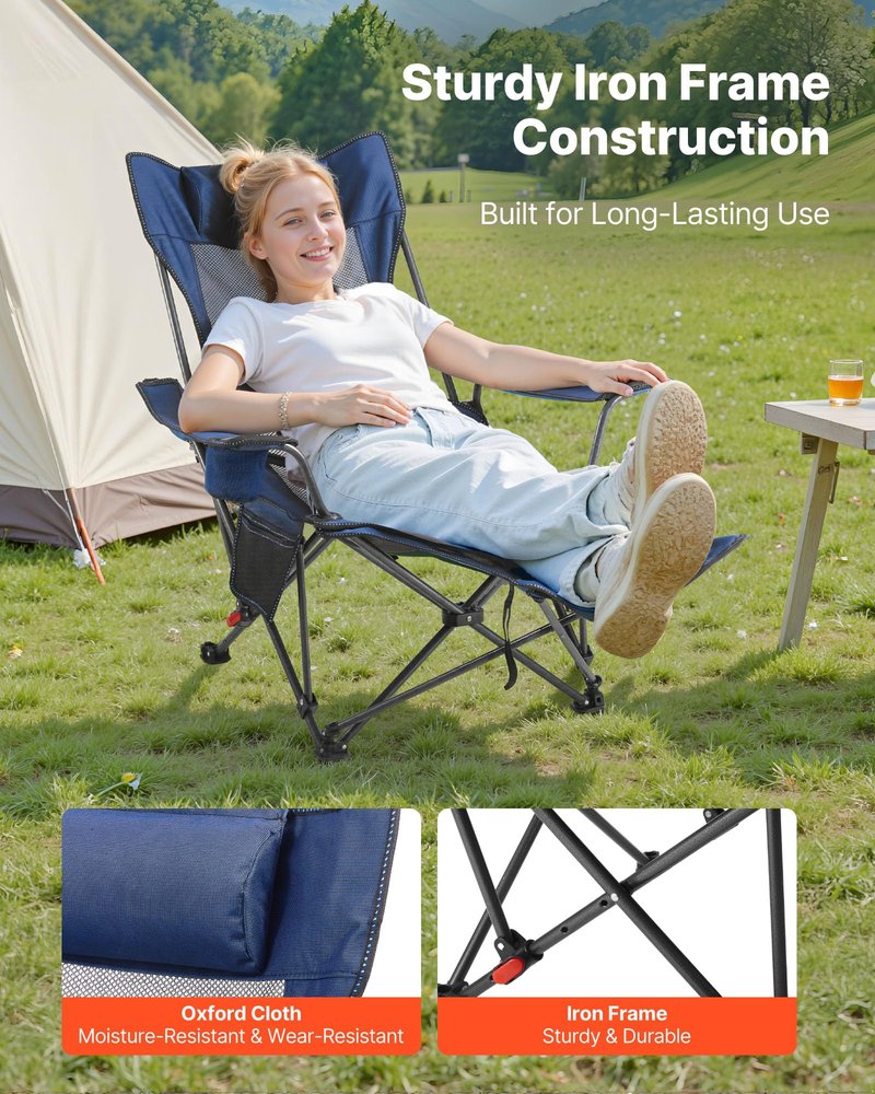 VEVOR 2-in-1 Reclining Camping Chair with Footrest for Adults, 4 Adjustable Positions, Portable Folding Lounger, Lightweight Mesh Beach Chair Supports 220lbs, Heavy Duty Camp Chairs Outdoor, Blue
