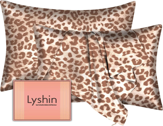 Skiennix Mulberry Silk Pillowcases - King Size 2-Pack for Hair & Skin | Soft, Breathable, Cooling, Leopard Beige