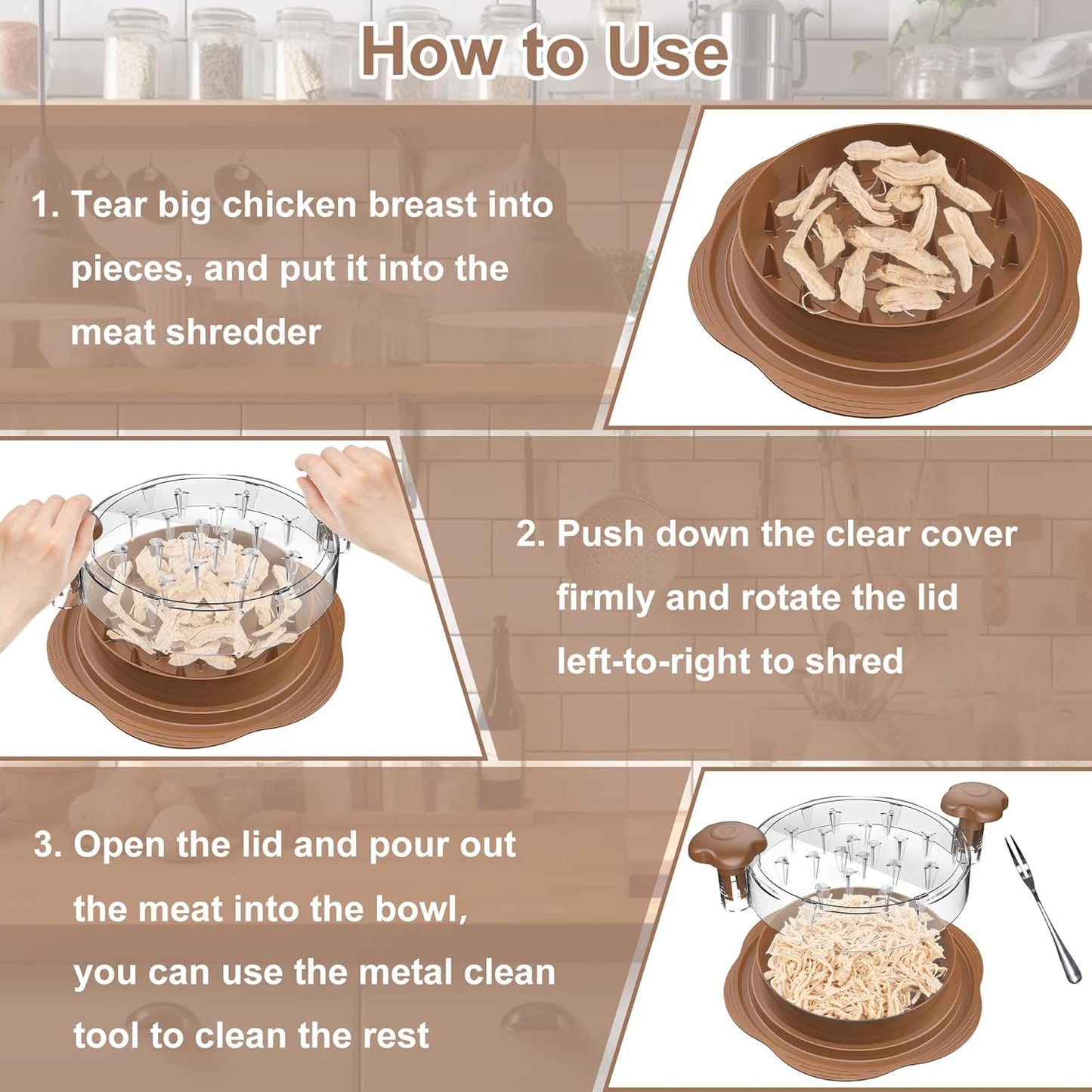 Skiennix Chicken Shredder - Ergonomic Meat Shredding Tool with Brush & Fork | BPA-Free, Brown