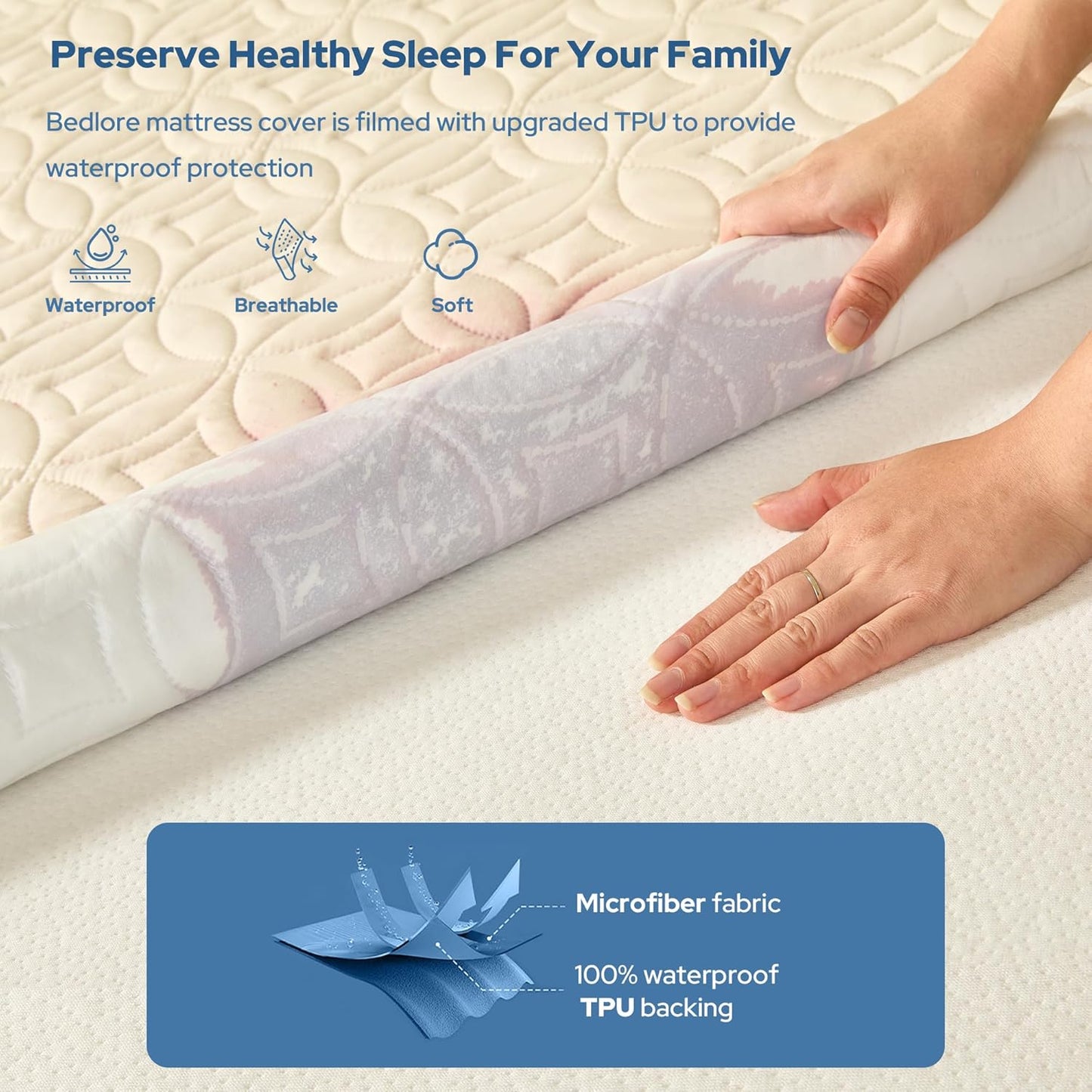 BEDLORE Waterproof Mattress Protector - Noiseless Queen Size Pad with Deep Pocket 6"-18" Depth - Soft & Washable Beige Cover