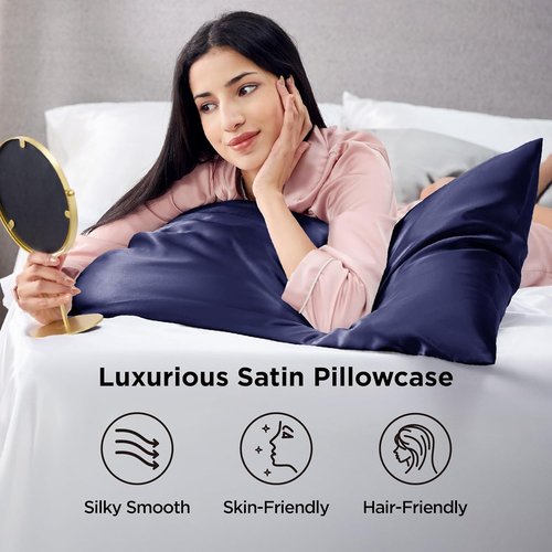 Bedsure Satin Pillowcases - Luxurious Silk-Like Queen Size Set of 2 | Navy, 20x30 Inches, Envelope Closure