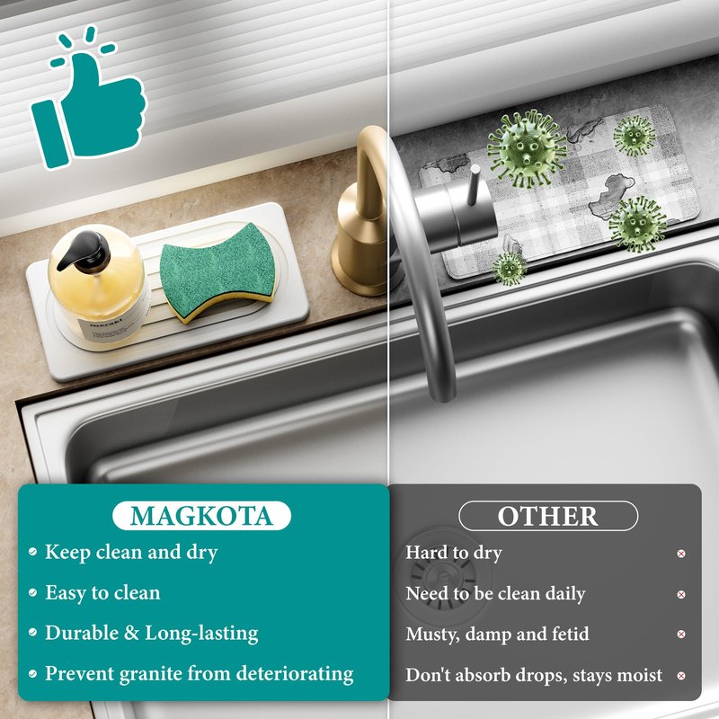 MAGKOTA Water Absorbing Stone Tray, Quick Drying Diatomite Bathroom Tray Countertop, Stone Drying Mat for Kitchen Counter, Soap Dish Dispenser Vanity Organizer, White-A-8.3" x 4"