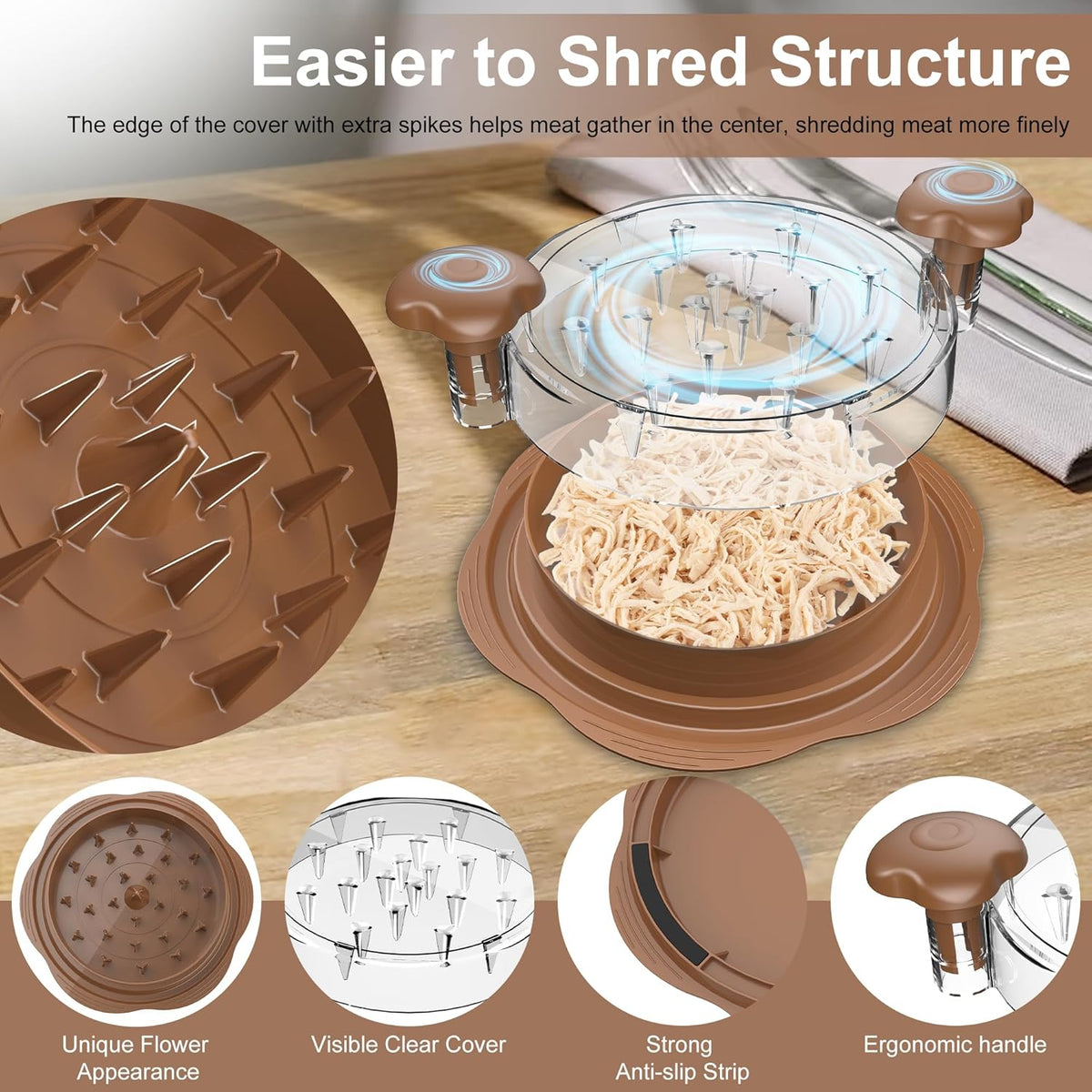 Skiennix Chicken Shredder - Ergonomic Meat Shredding Tool with Brush & Fork | BPA-Free, Brown