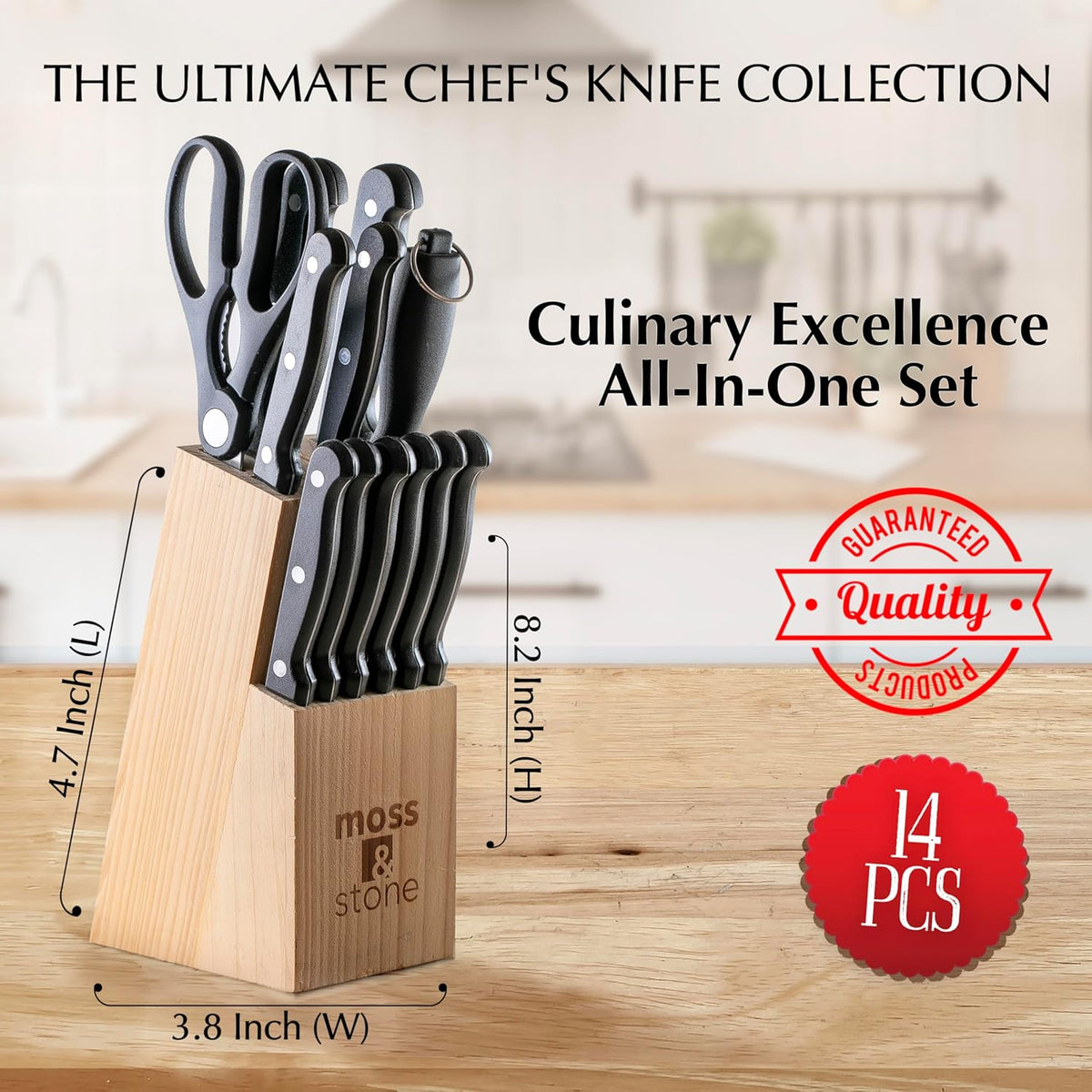 Moss & Stone 14-Piece Knife Block Set - Premium Forged Stainless Steel Kitchen Knives with Ergonomic Handles & Rust Resistance | Modern Black Design