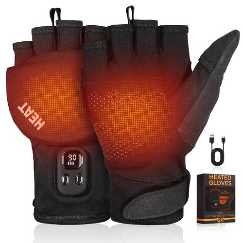 Heated Gloves for Men Women – 2 in 1 Full & Half Finger Design, Rechargeable Electric Heated Gloves with Touchscreen, Gifts for Christmas, Winter Hand Warmer for Work, Game, Cycling, Skiing, Medium