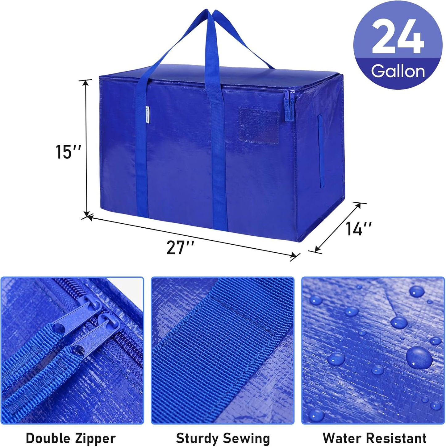 TICONN Extra Large Heavy-Duty Moving Bags - Durable Storage with Zippers & Handles (4 Pack, Blue)