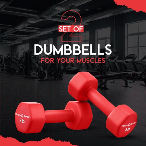 Fitness Republic 8LB Neoprene Workout Dumbbells Set of 2 - Non Slip, Anti Roll Exercise & Fitness Dumbbells - Hex Shaped Hand weights for Men & Women - Ideal for Home and Gyms training