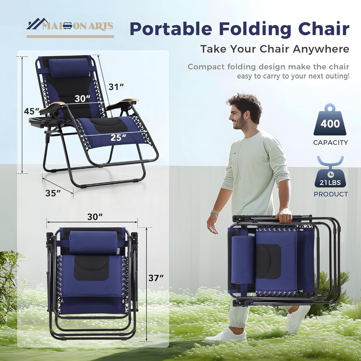 MAISON ARTS Oversized XXL Padded Zero Gravity Chair Set of 2 | 30" Wide Foldable Patio Recliner, Supports 400lbs, Blue