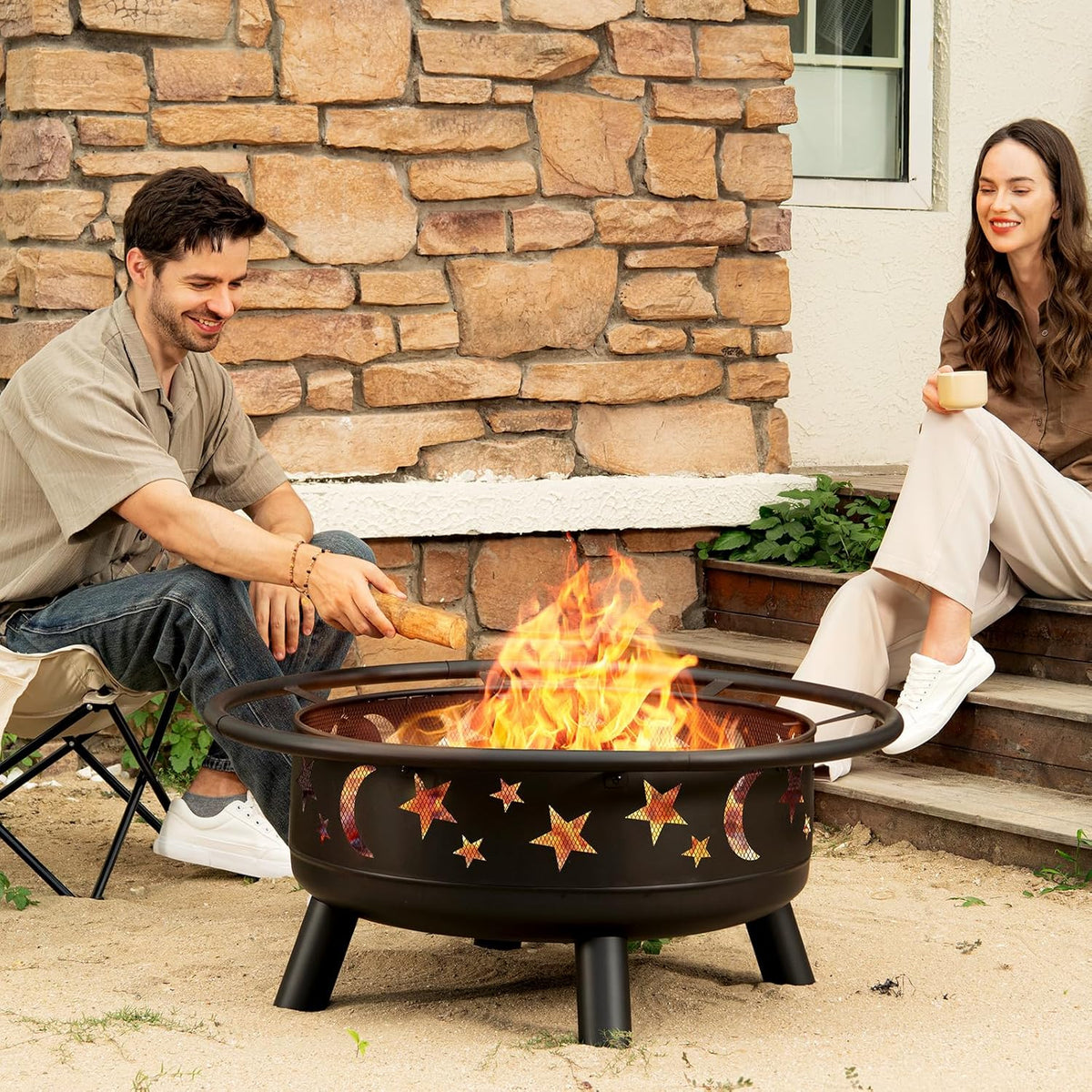 Skiennix 32-Inch Round Fire Pit - Metal Wood Burning Design with Mesh Cover & Poker | Outdoor Patio & Garden Decor