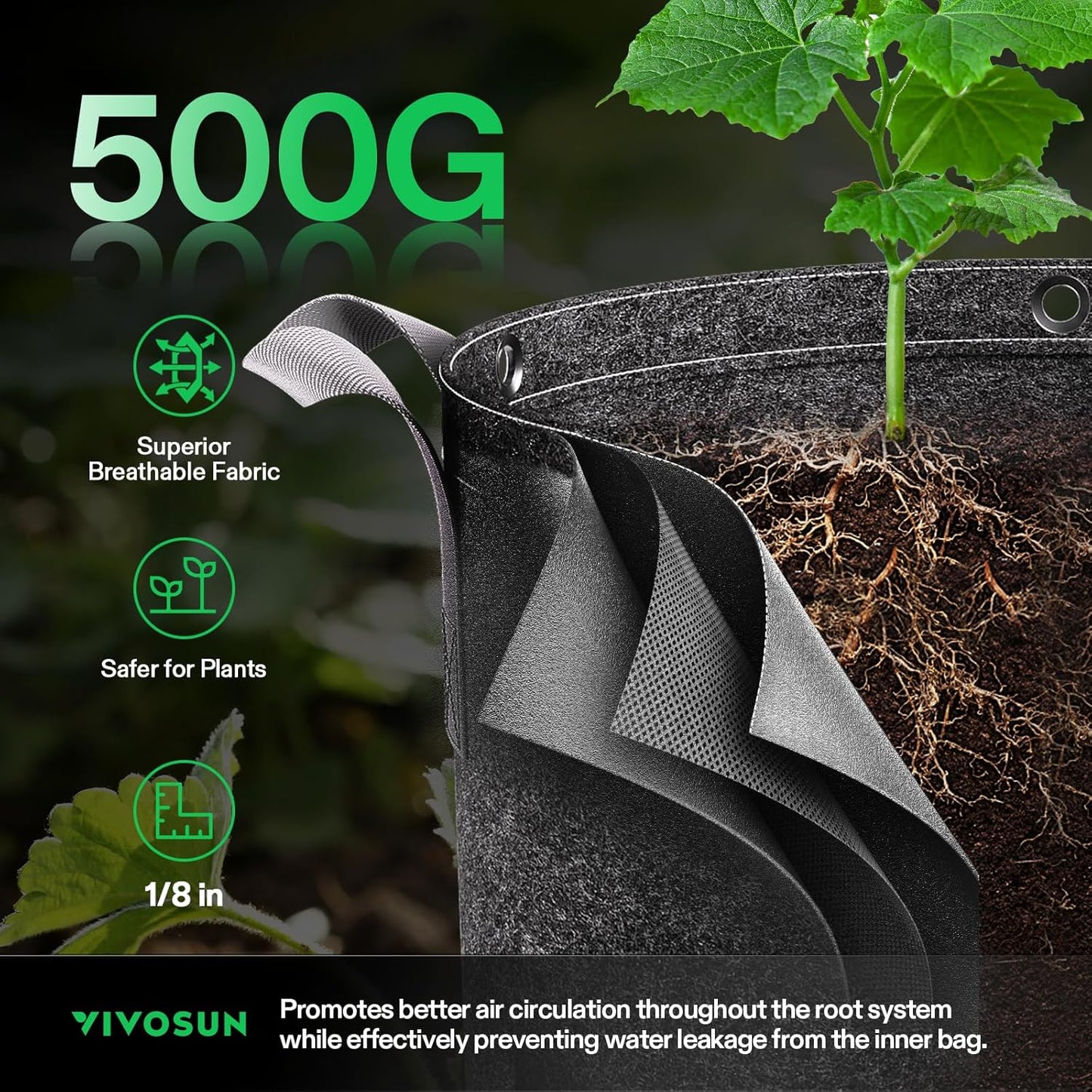 VIVOSUN 3 Gallon Grow Bags - 5-Pack Thick Nonwoven Fabric Pots with Handles for Plant Training