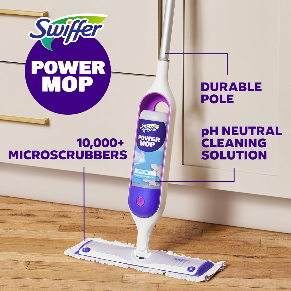 Swiffer PowerMop Multi-Surface Mop Kit - Fresh Scent Cleaning Solution & 2 Mopping Pad Refills
