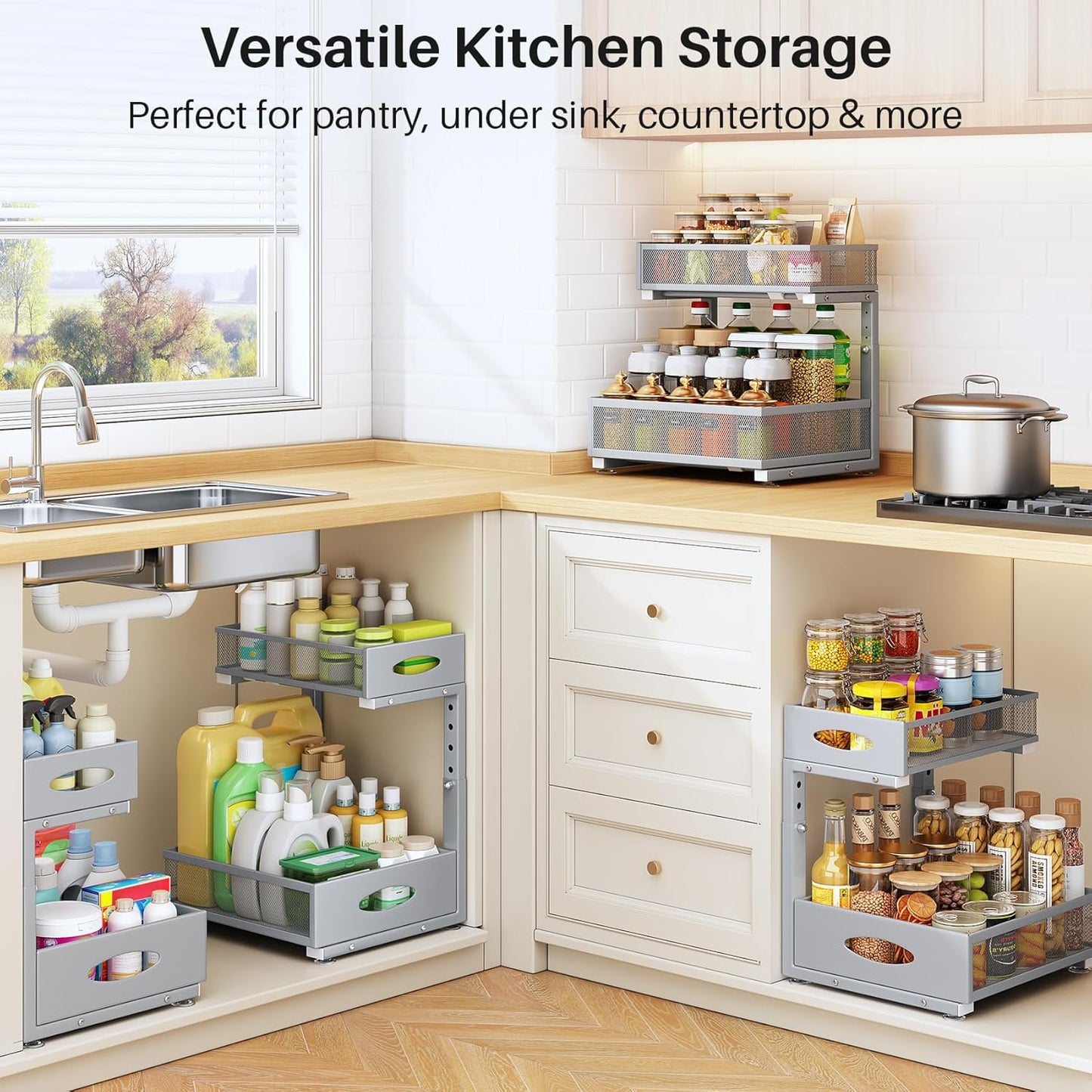 Under Sink Organizer | 2-Pack 2-Tier Pull-Out Cabinet Shelf with Metal Slides & Mesh Drawers - Grey