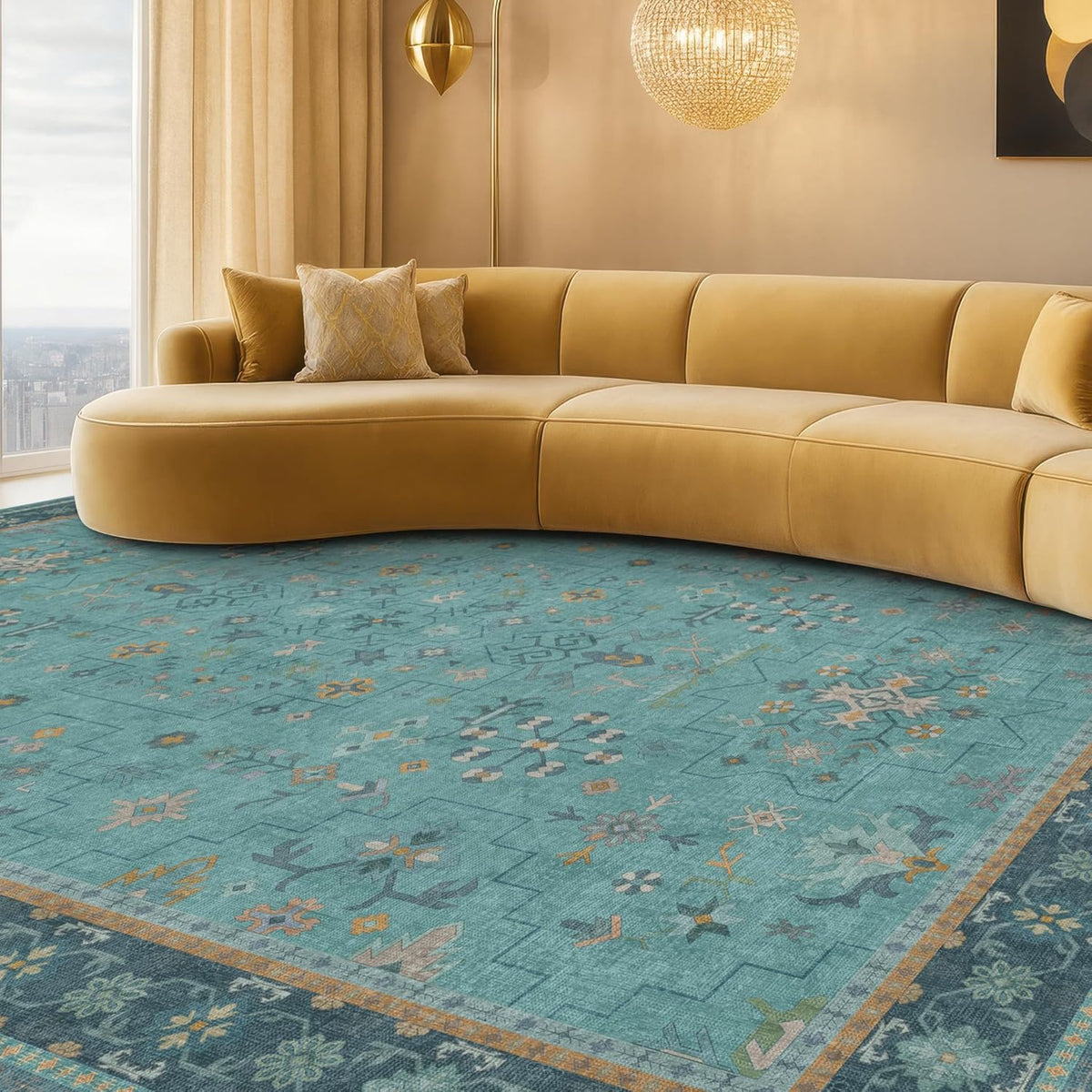 Teal Boho Living Room Rug by [Brand Name] - Washable 10x12 Soft Floral Area Rug, Non-Slip & Stain Resistant