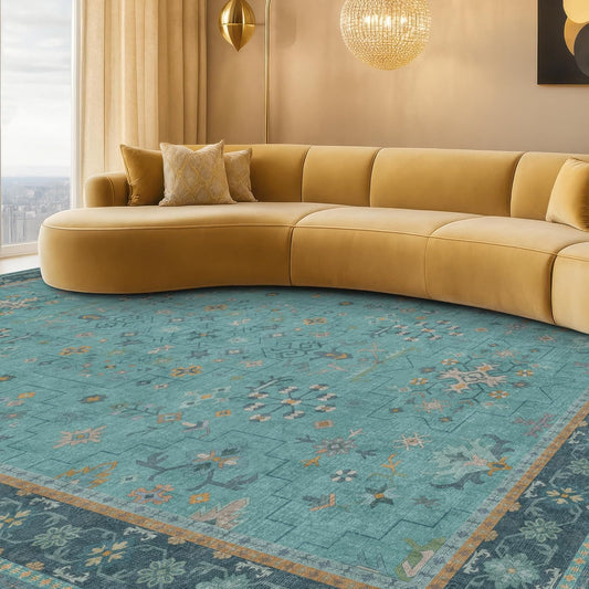 Teal Boho Living Room Rug by [Brand Name] - Washable 10x12 Soft Floral Area Rug, Non-Slip & Stain Resistant