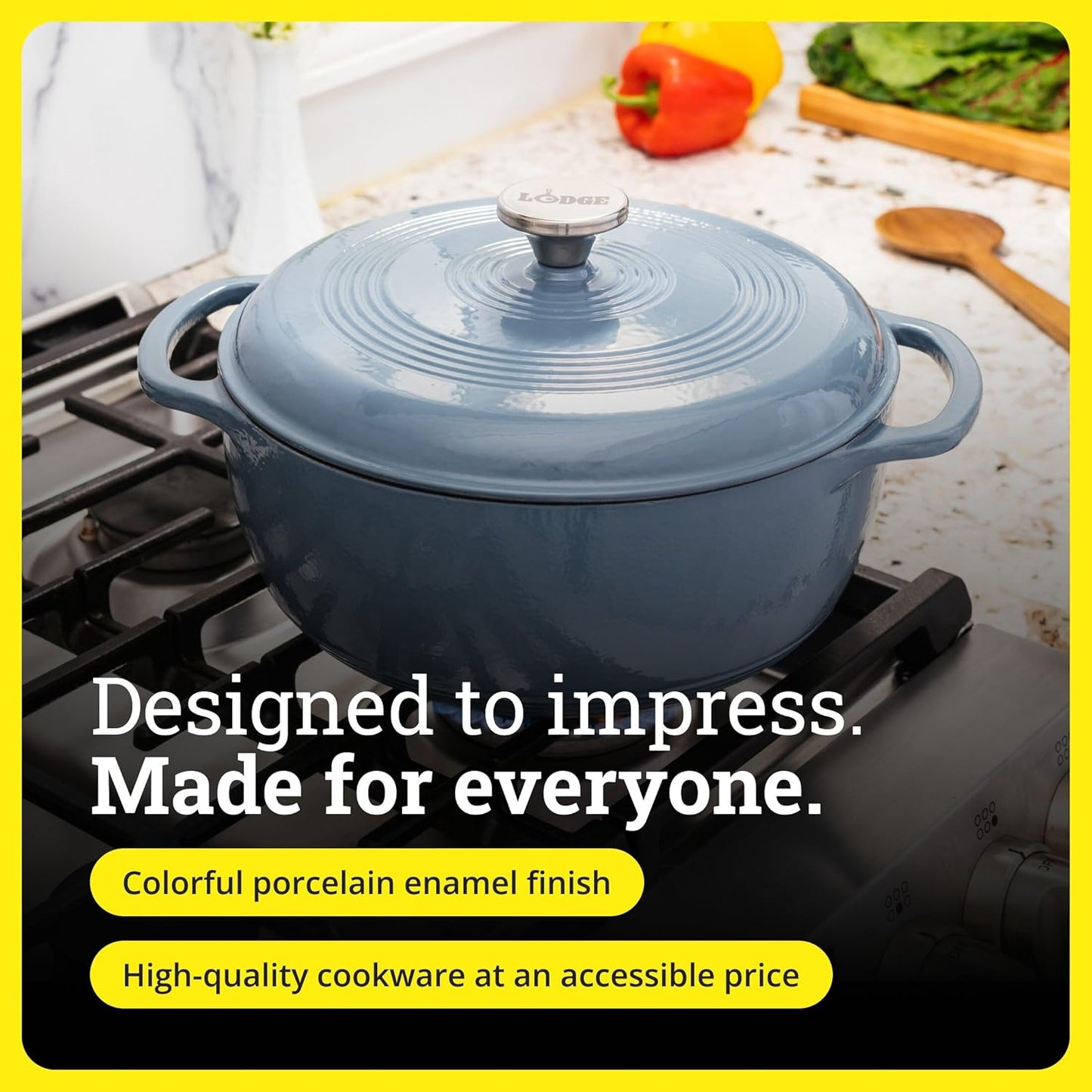 Lodge 3 Quart Enameled Cast Iron Dutch Oven - Dual Handles & Lid - Oven Safe to 500°F - Storm Blue