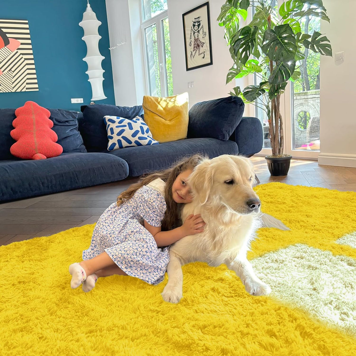 OLANLY Large Area Rug - Soft Fluffy Shaggy Carpet for Living Room & Bedroom | 9x12 Yellow Design