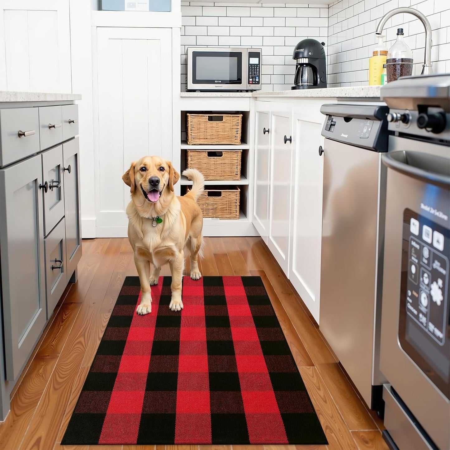 OLANLY Buffalo Plaid Rug - Washable Red and Black Cotton Checkered Doormat | 2'4" x 3'7" for Indoor/Outdoor Use
