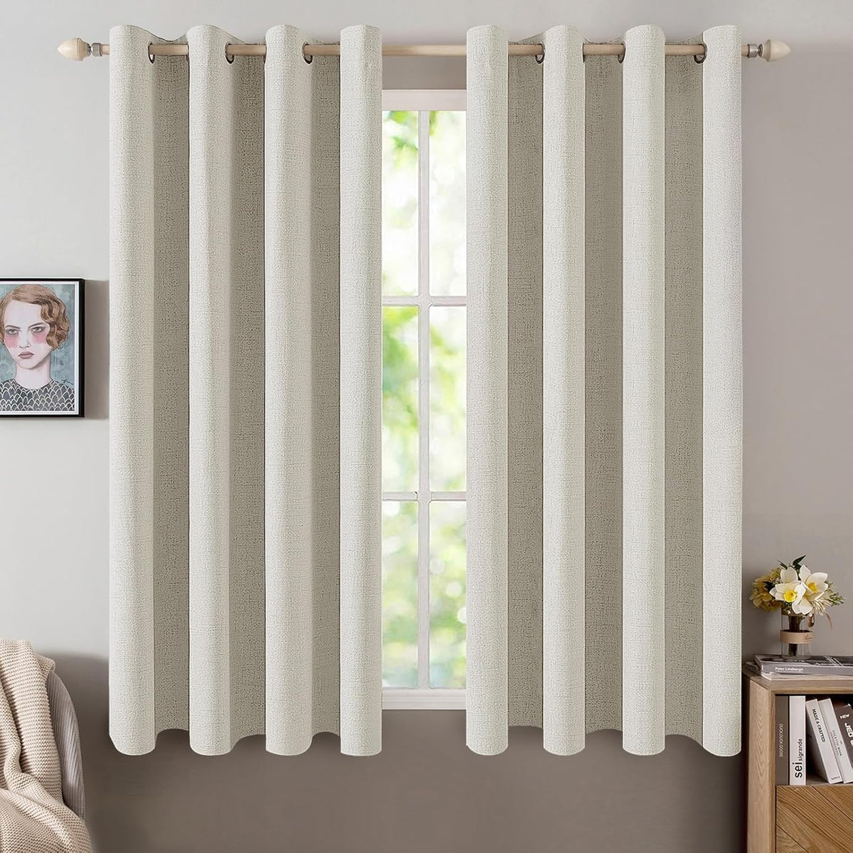 MIULEE Linen Texture Curtains - 100% Blackout Thermal Insulated Drapes | Light Cream, 52x54 Inch (2 Panels)
