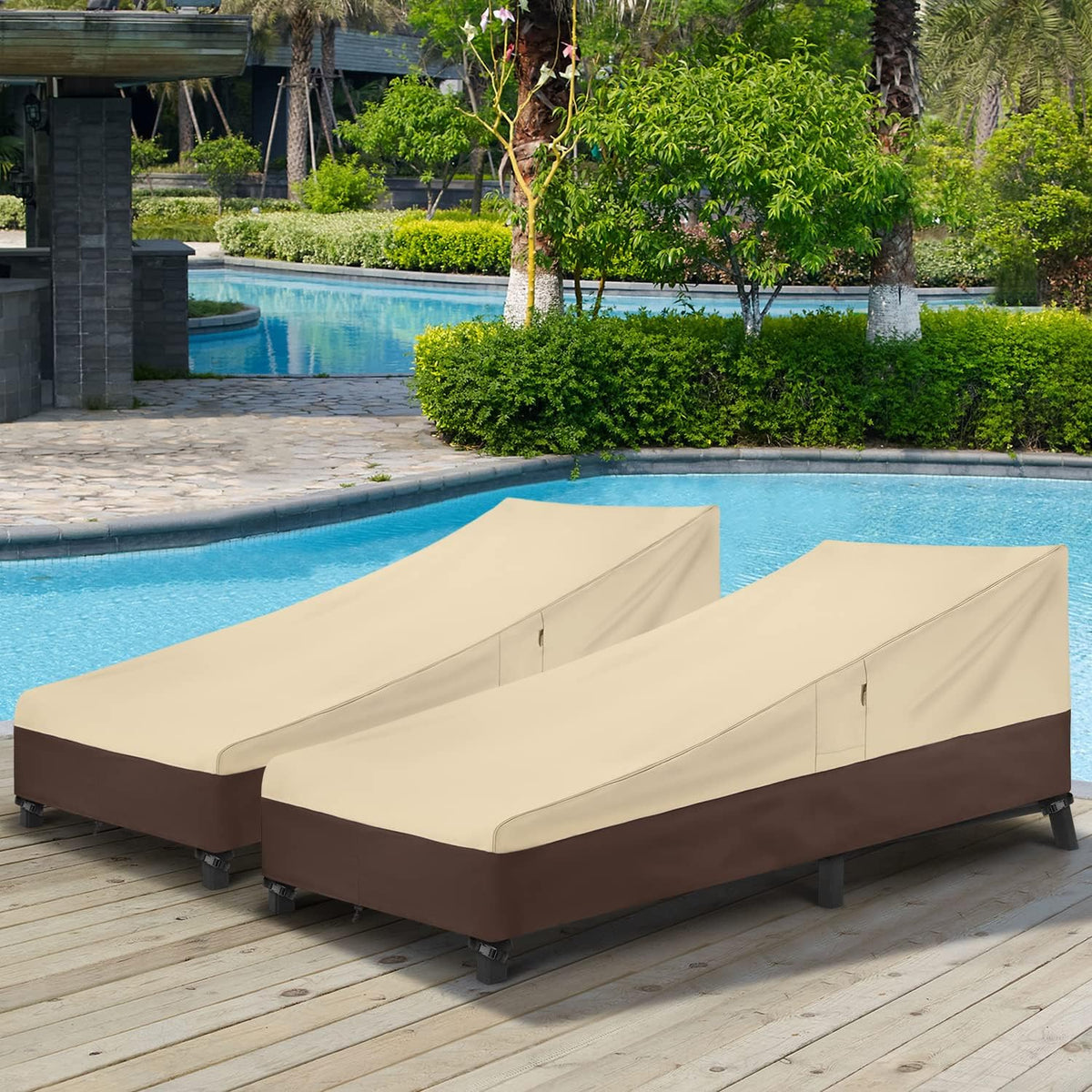 Arcedo Waterproof Patio Lounge Chair Covers - Heavy Duty 2-Pack for Winter Protection | 80" L x 32" W x 25" H, Beige & Brown