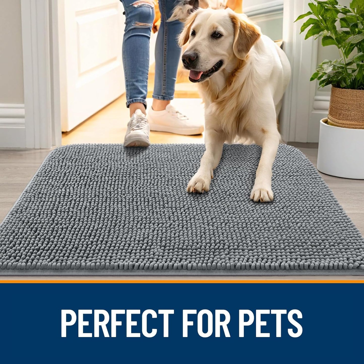 OLANLY Dog Door Mat Set - 4-Piece Absorbent Non-Slip Washable Doormat | Quick Dry Chenille Mud Mat, 30x20, Grey