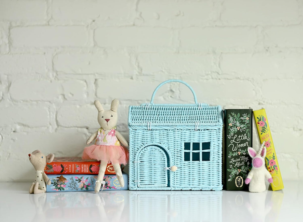 Rool Rattan Dollhouse Basket - Boho Wicker Gift for Girls | Small Purse Clutch & Doll Carrier (Blue)
