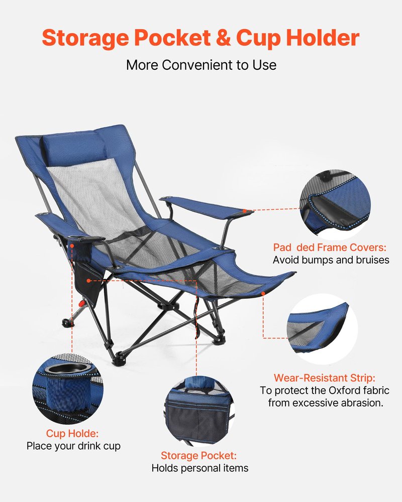 VEVOR 2-in-1 Reclining Camping Chair with Footrest for Adults, 4 Adjustable Positions, Portable Folding Lounger, Lightweight Mesh Beach Chair Supports 220lbs, Heavy Duty Camp Chairs Outdoor, Blue