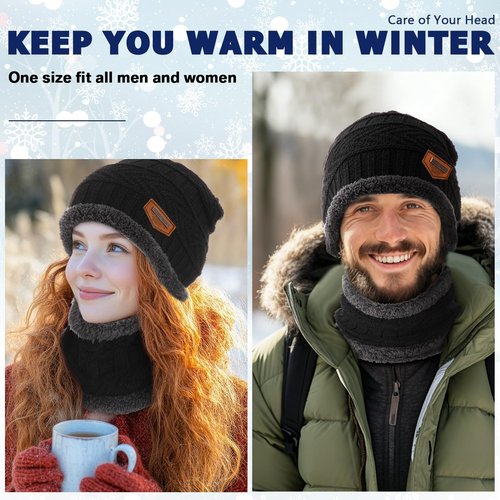 Cutecrop 30 Pcs Winter Beanie Hats and Scarf Set Neck Warmers Fleece Knitted Beanie Caps Thick Unisex for Donation Homeless (Black)