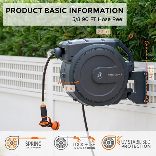 Giraffe Tools Retractable Garden Hose Reel - 5/8 Inch x 90 Ft | Wall Mounted with 180° Swivel Bracket & 9 Pattern Nozzle